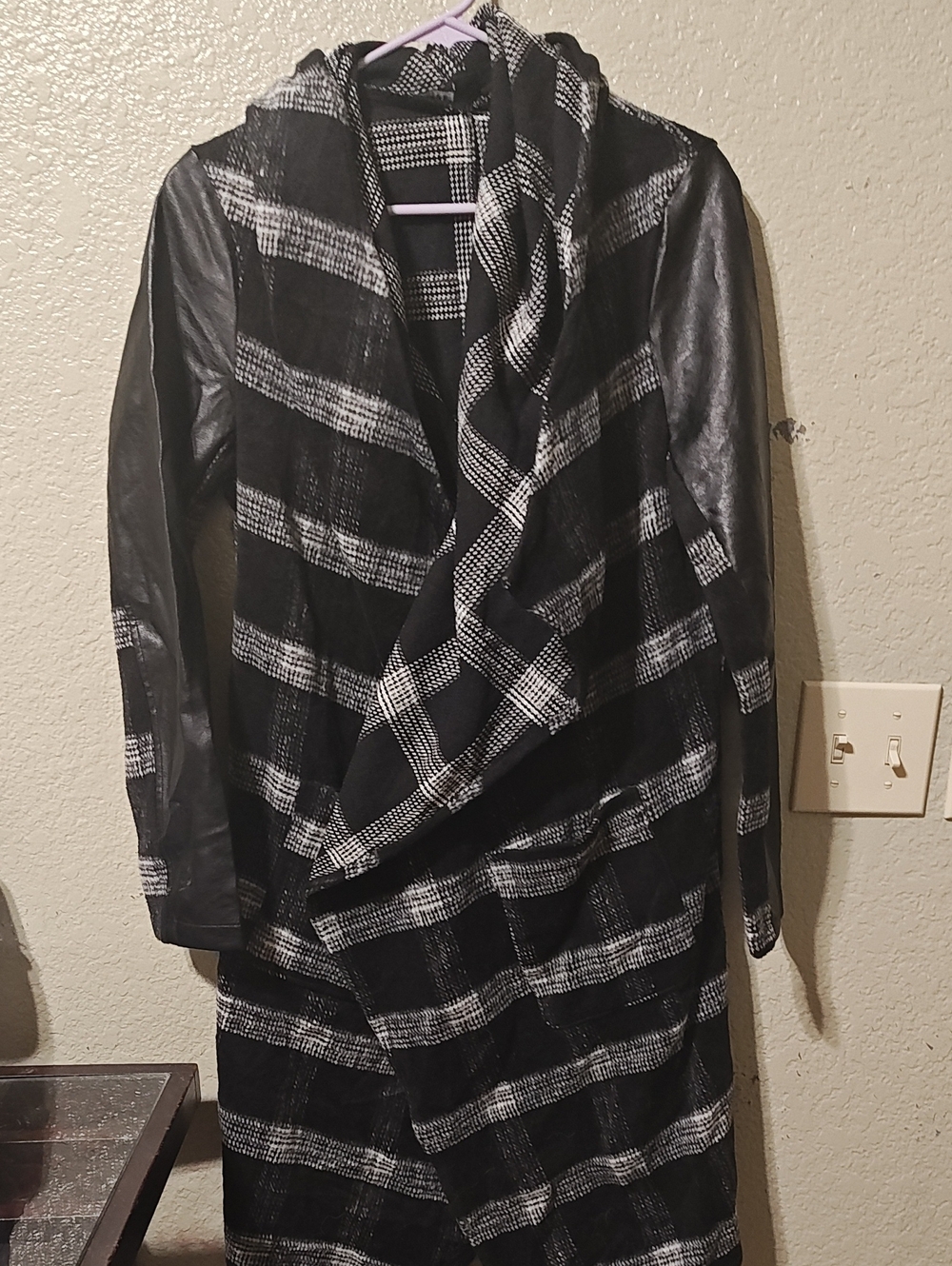 HYFVE Black & White Plaid Draped Trench Coat with Faux Leather Sleeves